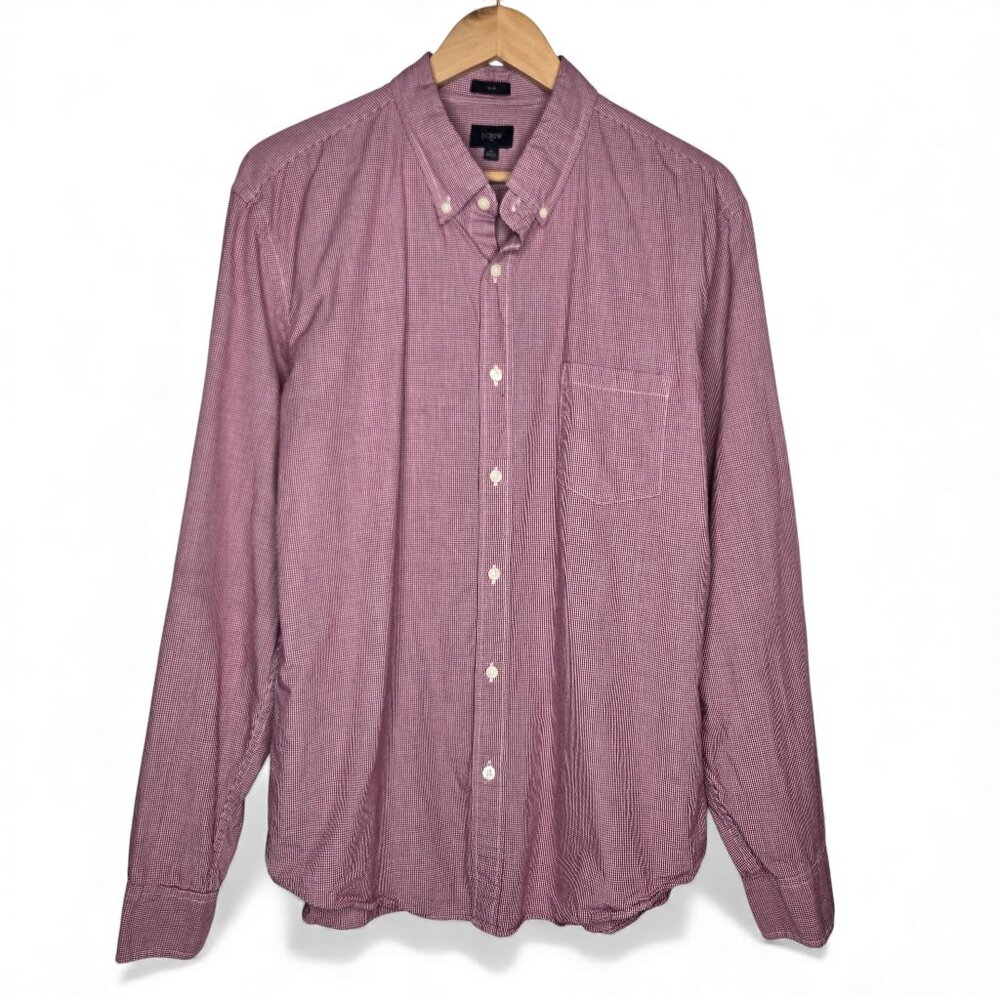 J. Crew Micro Check Plaid Button Down Shirt Red White Preppy Office Gingham XL